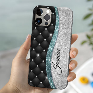 Chique meisjesachtige nepsil glitter zwart teal mo Case-Mate iPhone case