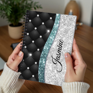 Chique meisjesachtige nepsil glitter zwart teal mo notitieboek