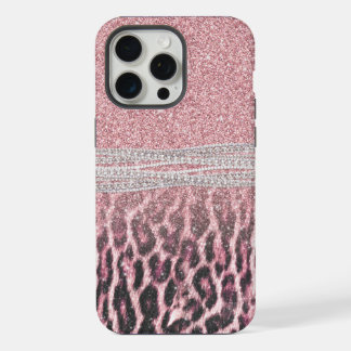 Chique meisjesachtige roze luipaard dierprint glit iPhone 15 pro max case