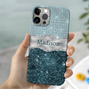 Chique meisjesachtige turquoise mintgroene glitter iPhone 15 case
