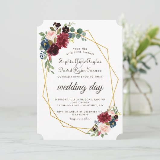 Chique Merlot Navy Blauwe Bloem Gouden Frame Bruil Kaart (Staand voorkant)