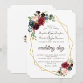 Chique Merlot Navy Blauwe Bloem Gouden Frame Bruil Kaart (Voorkant / Achterkant)