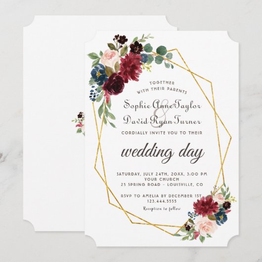 Chique Merlot Navy Blauwe Bloem Gouden Frame Bruil Kaart (Voorkant / Achterkant)