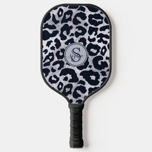 Chique Metallic Zilver Grijs Zwart Leopard Print Pickleball Paddle (Voorkant)