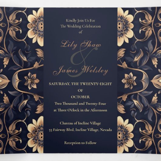 Chique middernacht gouden bruiloft drieluik uitnodiging (Binnenkant midden)