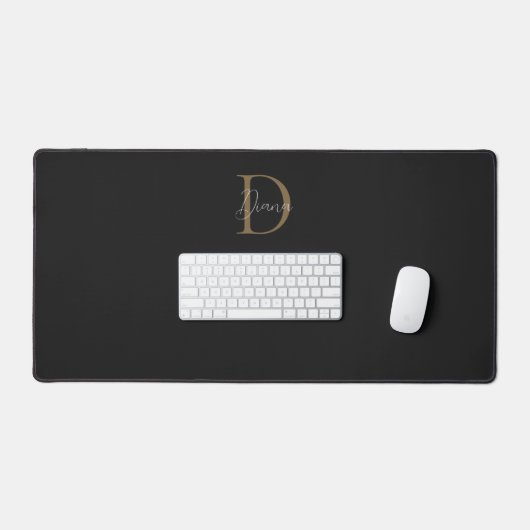 Chique Midnight Zwart Mossy Gold Script Monogram Bureaumat (Keyboard & Muis)