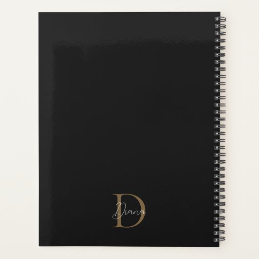 Chique Midnight Zwart Mossy Gold Script Monogram Planner (Achterkant)