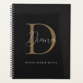 Chique Midnight Zwart Mossy Gold Script Monogram Planner (Voorkant)