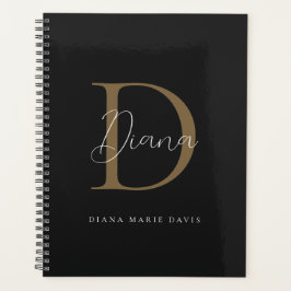 Chique Midnight Zwart Mossy Gold Script Monogram Planner