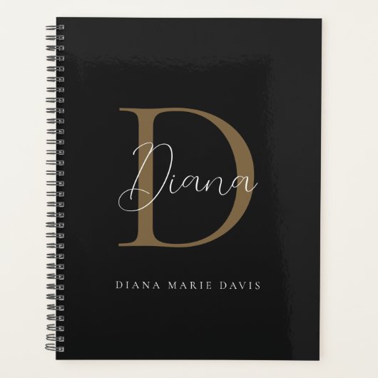 Chique Midnight Zwart Mossy Gold Script Monogram Planner (Voorkant)