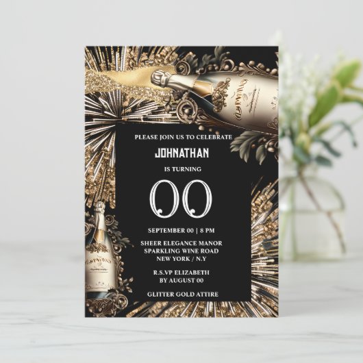 Chique mijlpaal verjaardag mousserende wijn vuurwe kaart (Staand voorkant)