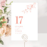 Chique, minimale botanische blush roze perzik brui kaart<br><div class="desc">Leid uw gasten naar hun tafel met deze elegante trouwtafel nummerkaart. Stijlvol en eenvoudig ontwerp met namen aan de zijkant, samen met de "en" in moderne handgeschreven kalligrafie. Delicaat handgetekend botanisch groen hoekdetail in blush roze en perzik tinten. Plaats een individuele bestelling voor "elk" tabelnummer (d.w.z. voor een evenement met...</div>