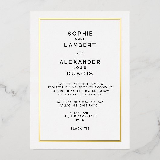 Chique minimale Franse gouden grens bruiloft Folie Uitnodiging (Voorkant)