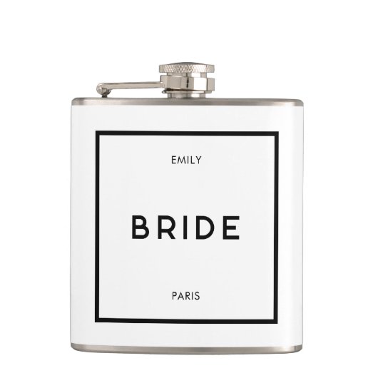 Chique minimale Franse zwart-wit bruidsnaam Heupfles (Voorkant)