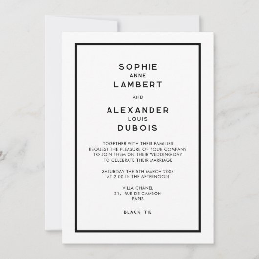 Chique minimale Franse zwart-wit bruiloft Kaart (Voorkant)