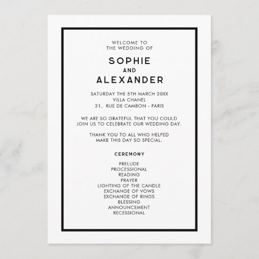 Chique minimale Franse zwart-wit bruiloft Programmakaart (Voorkant)