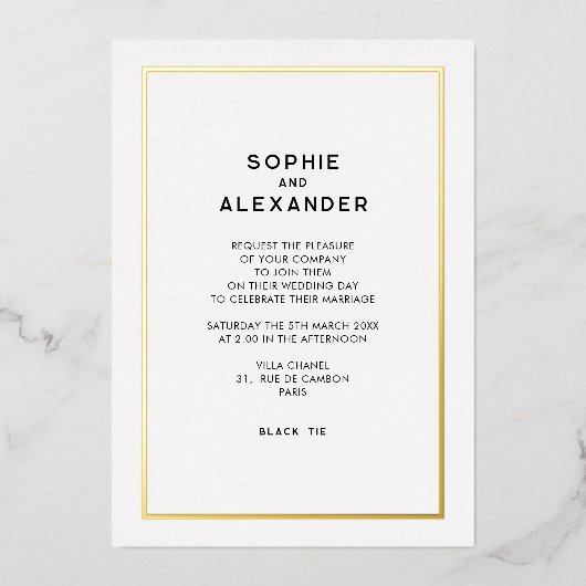 Chique minimale Parijse gouden grens bruiloft Folie Uitnodiging (Voorkant)