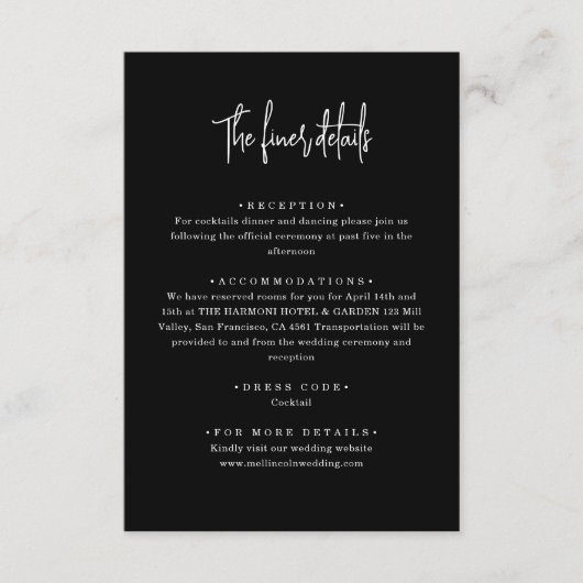 Chique minimalistisch zwart handgeschreven script  informatiekaartje (Voorkant)