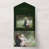 Chique minimalistische groene damast kerstfoto all in one uitnodiging (Binnen)