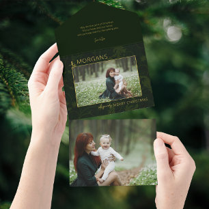 Chique minimalistische groene damast kerstfoto all in one uitnodiging