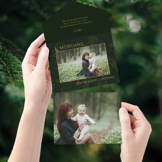 Chique minimalistische groene damast kerstfoto all in one uitnodiging