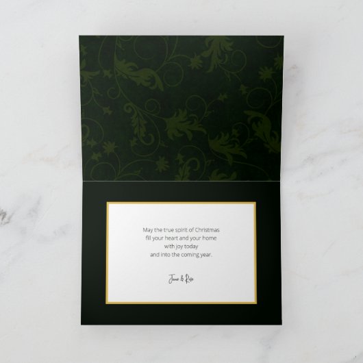 Chique minimalistische groene damast kerstfoto feestdagen kaart (Binnen)