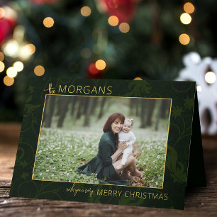 Chique minimalistische groene damast kerstfoto feestdagen kaart