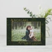 Chique minimalistische groene damast kerstfoto feestdagenkaart (Staand voorkant)