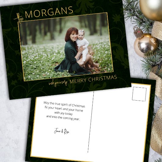 Chique minimalistische groene damast kerstfoto feestdagenkaart