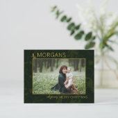 Chique minimalistische groene damast kerstfoto feestdagenkaart (Staand voorkant)