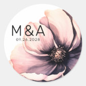 Chique minimalistische moderne roze bloemenbruilof ronde sticker (Voorkant)