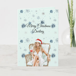 Chique Mint Blauwe Sneeuwvlokken Blond Haar Vrouw Kaart