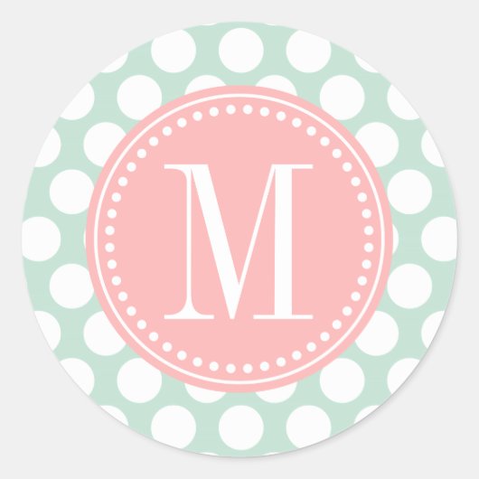 Chique Mint & Blush Roze Grote Stippen Monogrammed Ronde Sticker (Voorkant)