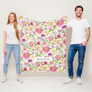 Chique Mint & Blush Roze Waterverf Bloem Monogram Fleece Deken