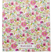 Chique Mint & Blush Roze Waterverf Floral Monogram Douchegordijn (Voorkant)