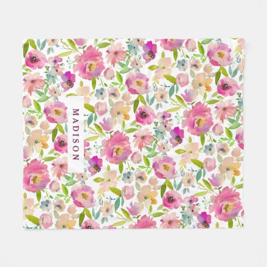 Chique Mint & Blush Roze Waterverf Floral Monogram Fleece Deken (Voorkant (Horizontaal))