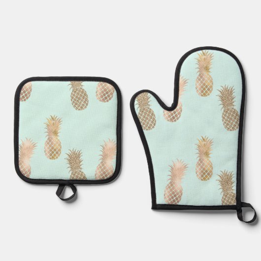 Chique Mint Goud Glam Ananas Ovenwant & Pannenlap Set (Voorkant)