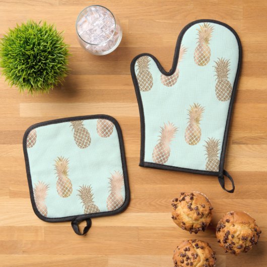 Chique Mint Goud Glam Ananas Ovenwant & Pannenlap Set (Top down)