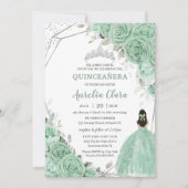 Chique Mint Groen Bloemen Prinses Zilver Quinceañe Kaart (Voorkant)