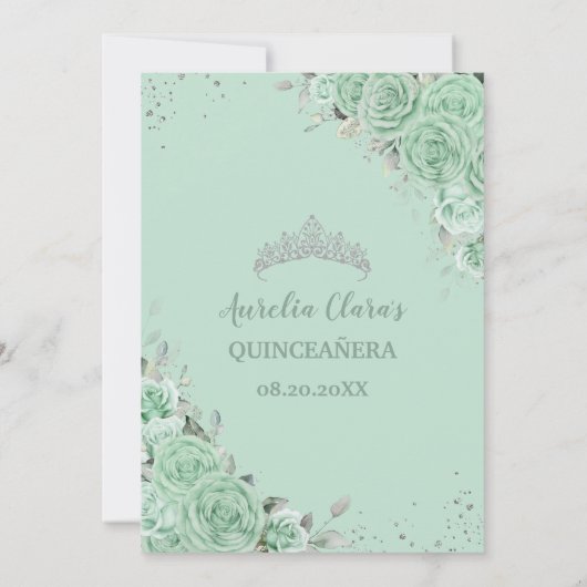Chique Mint Groen Bloemen Prinses Zilver Quinceañe Kaart (Achterkant)
