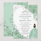Chique Mint Groen Bloemen Prinses Zilver Quinceañe Kaart (Voorkant / Achterkant)
