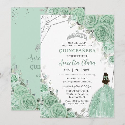 Chique Mint Groen Bloemen Prinses Zilver Quinceañe Kaart (Voorkant / Achterkant)