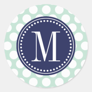 Chique Mint & Navy Grote Stippen Monogram Ronde Sticker