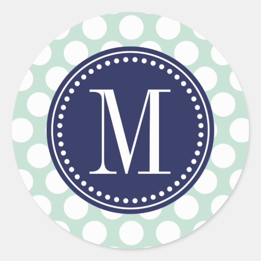 Chique Mint & Navy Grote Stippen Monogram Ronde Sticker (Voorkant)