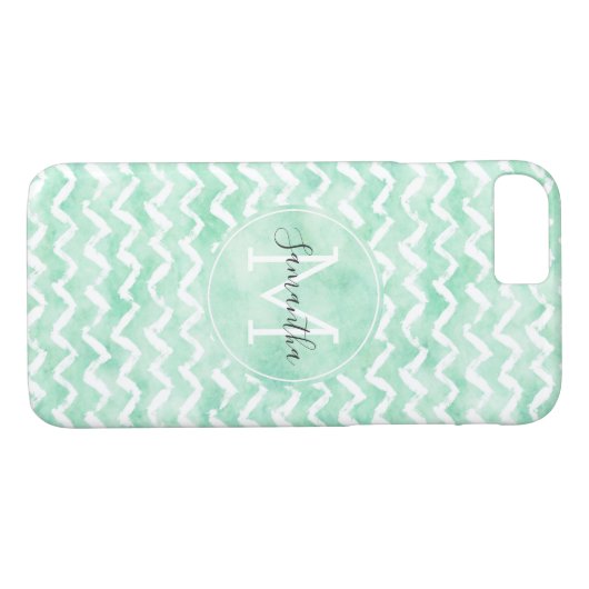 Chique Mint Waterverf Chevron Strepen Monogram Case-Mate iPhone Case (Achterkant (Horizontaal))