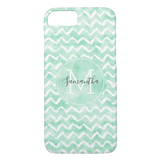 Chique Mint Waterverf Chevron Strepen Monogram Case-Mate iPhone Case (Achterkant)