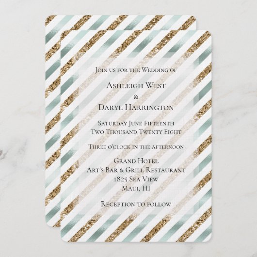 Chique Mint Wit Goud Glitter Strepen Bruiloft Kaart (Voorkant / Achterkant)