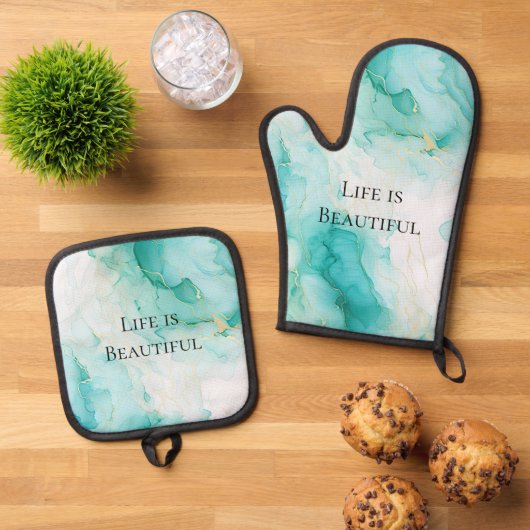 Chique mint-witgouden bruidsdouche ovenwant & pannenlap set (Top down)