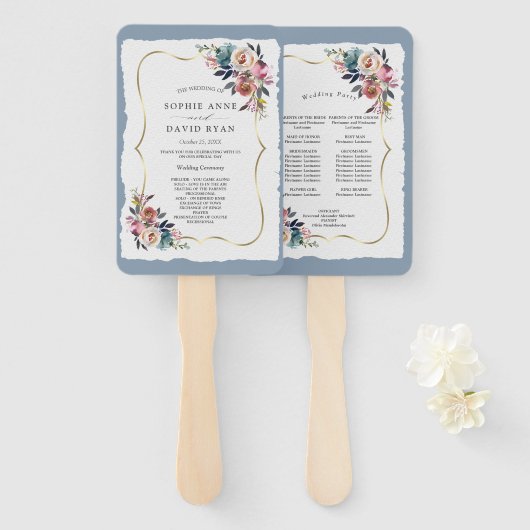 Chique Misty Rose Stofblauwe Bloemige Trouwprogram Handwaaier (Voorkant en achterkant)