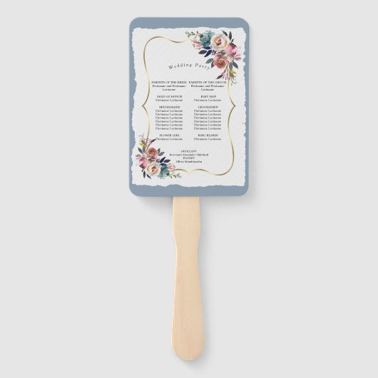 Chique Misty Rose Stofblauwe Bloemige Trouwprogram Handwaaier (Achterkant)